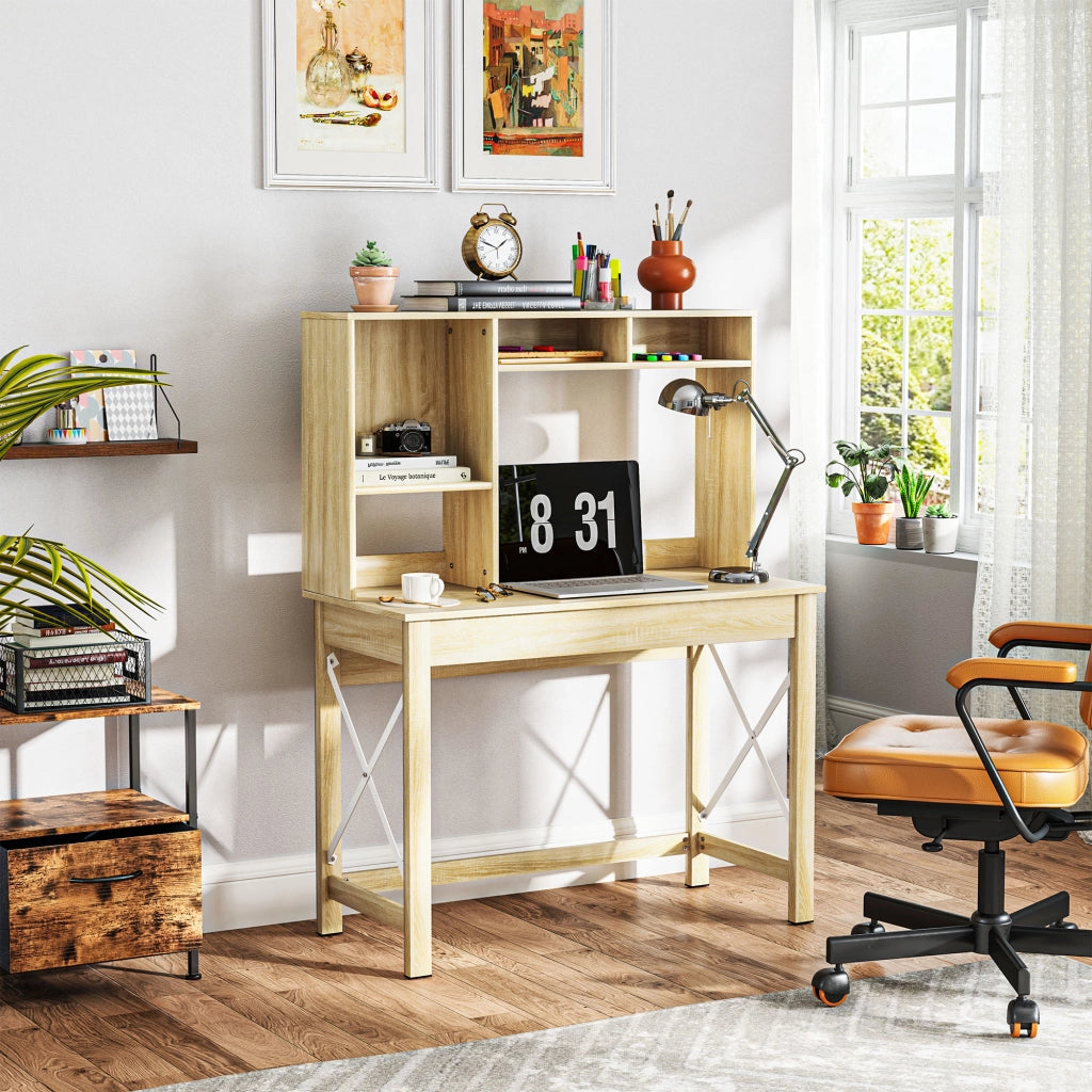 Scrivania con libreria integrata in legno rovere con ripiani e piano grande per ufficio ¨C Xylo