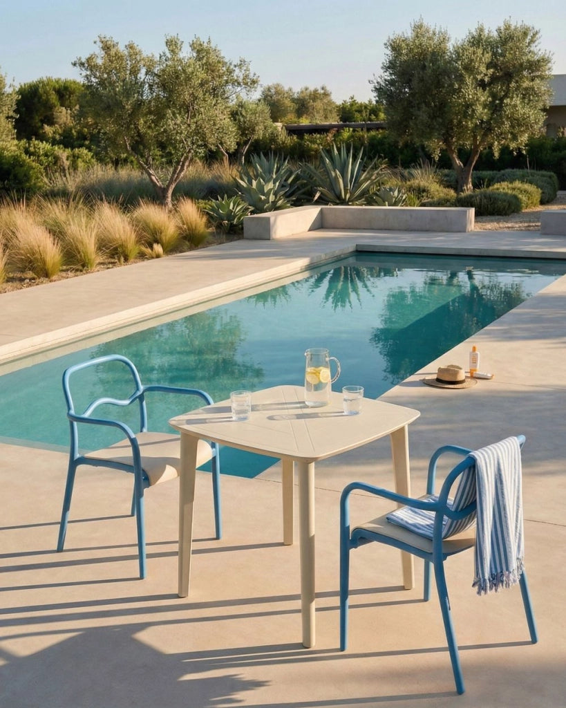 Set di 2 sedie da giardino impilabili in plastica blu e beige stile retrò per tutte le stagioni