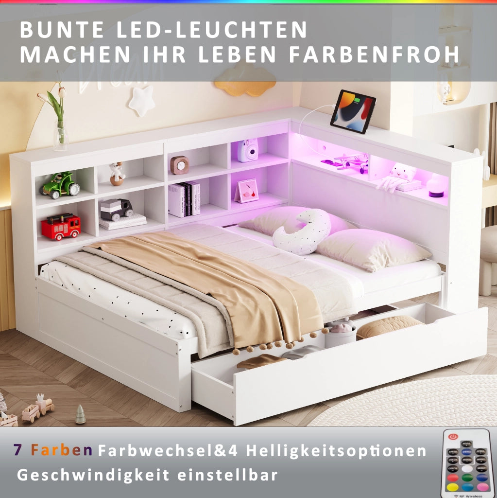 Letto matrimoniale multifunzionale 140x200 cm in legno bianco con USB; LED e vano contenitore