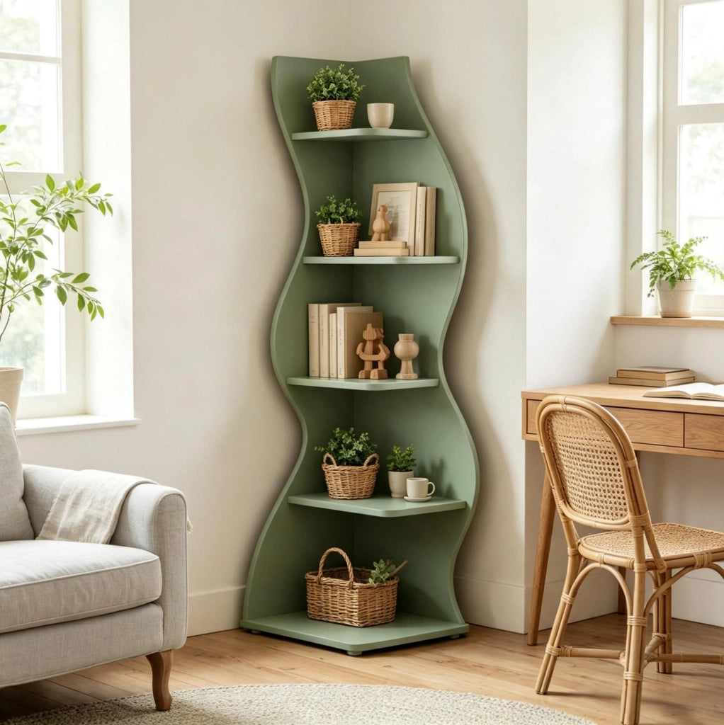 Libreria angolare verde in legno 50x50x182,5 cm, 5 ripiani salvaspazio -