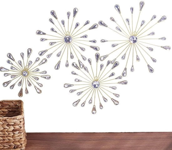 Decorazione per Parete a Stelle d'Oro con Fiori di Metallo - 4 Pezzi - Pietre Lucide - Sculture di Accento Lussuose - Per Salotto/Camera da Letto