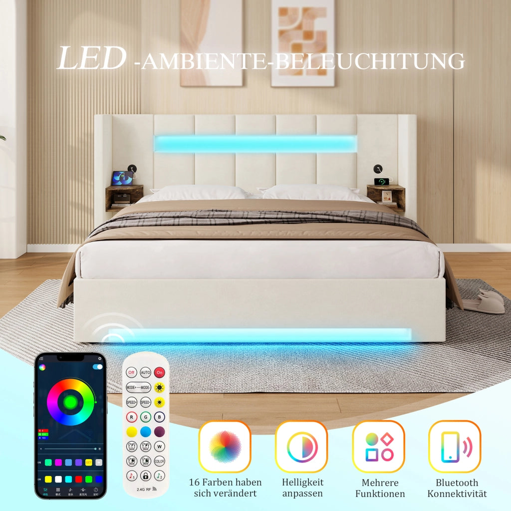 LETTO Contenitore 160x200 cm in velluto beige con USB, LED e idraulico