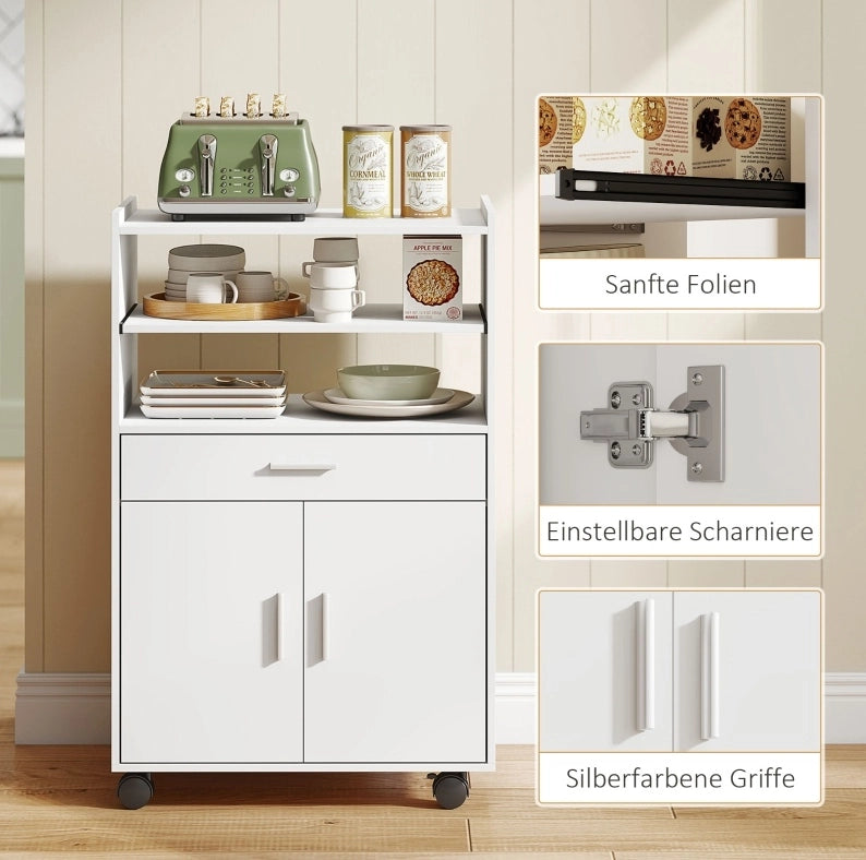 Mobile armadio da cucina bianco con doppia porta, cassetto e ripiani per microonde