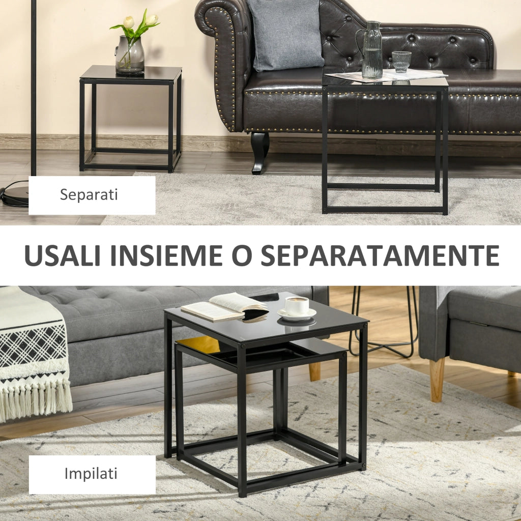 Set 2 Tavolini da Salotto Quadrati Moderni, in Acciaio e Vetro Temperato, Nero