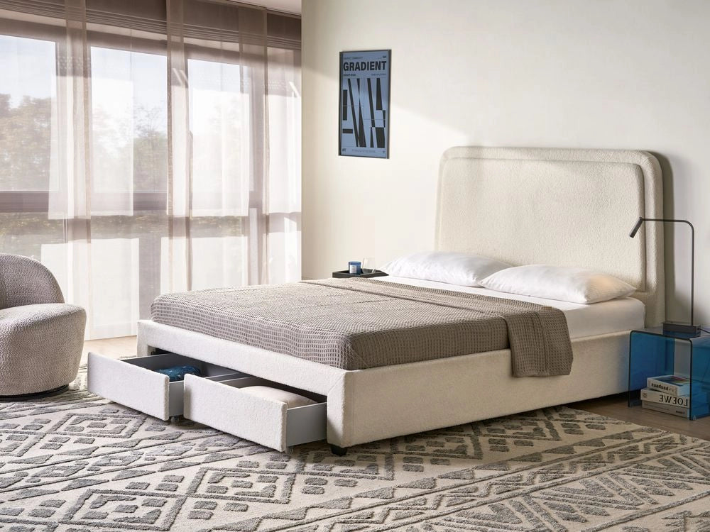 Letto imbottito in bouclé bianco sporco 160 x 200 cm Design scandinavo con morbidi cassetti sulla testiera