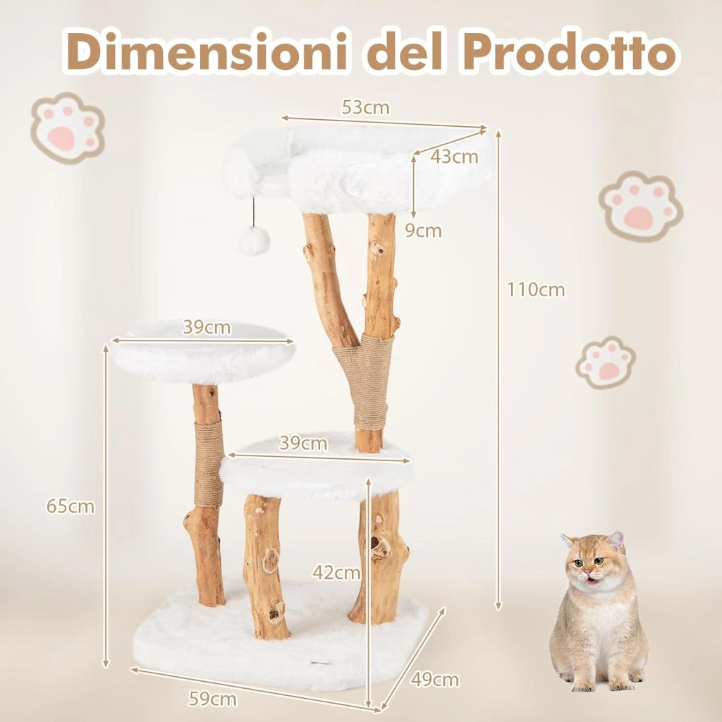 Tiragraffi per Gatti in Legno 110cm, Albero Tiragraffi con Pali in Corda di Juta Naturale e Palla Pendente, Torre Moderna per Gatti da Interno, Bianco e Naturale