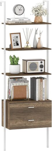 Libreria a Scala 184 cm, Scaffale da Parete a 6 Ripiani con 2 Cassetti e Struttura in Metallo, Ripiano Espositivo Aperto Moderno per Soggiorno Studio Ufficio, 60 x 30 x 184 cm (Naturale)