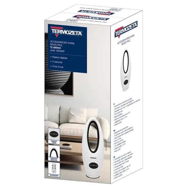 Termozeta Ventilatore Senza Pale TZ ARTIKO Acceleratore d’Aria Silenzioso Display Digitale Touch 3 Velocità Oscillante 70° Timer 8 Ore Telecomando 45W Design Moderno