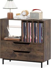 Supporto per Giradischi, Porta Dischi Vinile con 4 Ripiani per Vinili e 2 Cassetti, Armadio per Dischi Fino a 250 Album, per Soggiorno, Studio e Camera da Letto, 91 x 35 x 87 cm (Marrone)