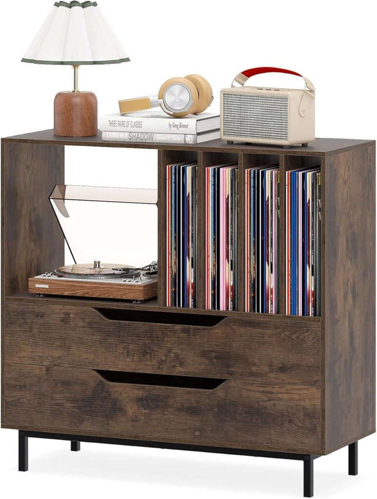 Supporto per Giradischi, Porta Dischi Vinile con 4 Ripiani per Vinili e 2 Cassetti, Armadio per Dischi Fino a 250 Album, per Soggiorno, Studio e Camera da Letto, 91 x 35 x 87 cm (Marrone)