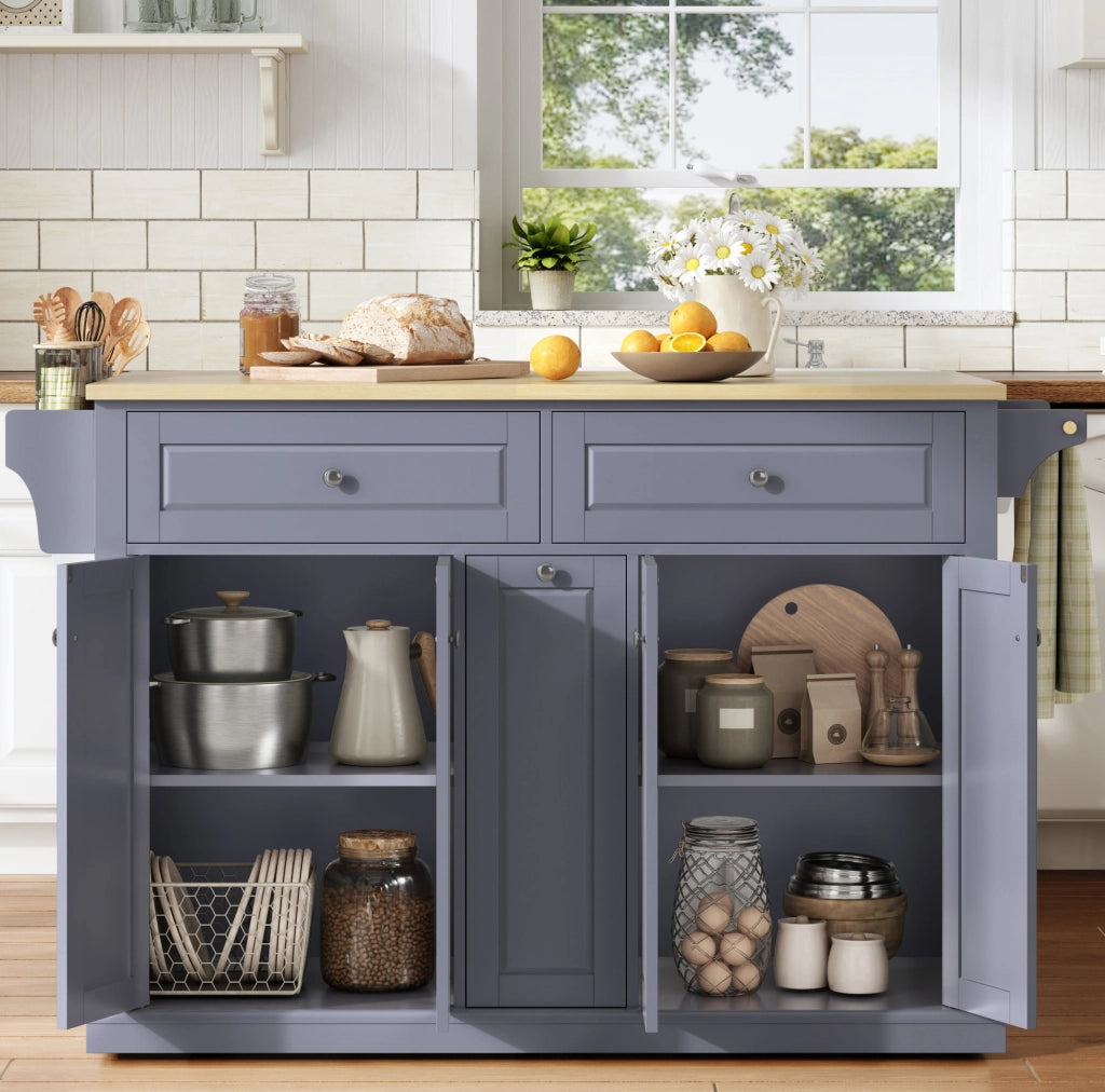 Isola da cucina mobile con piano ribaltabile, MDF, naturale e grigio