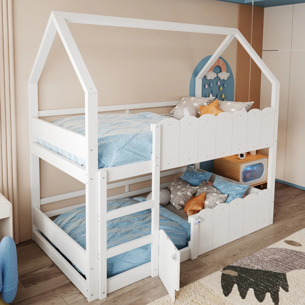 Letto a castello per bambini a forma di casa 90x200 cm in legno; bianco