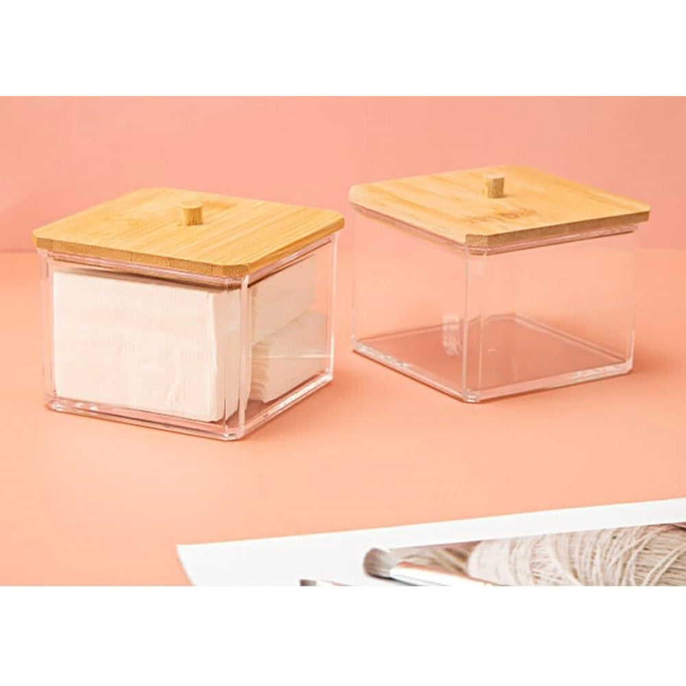 Trade Shop - Contenitore Organizer Cosmetici Toeletta Quadrato Trasparente Con Coperchio In Legno 10826 -