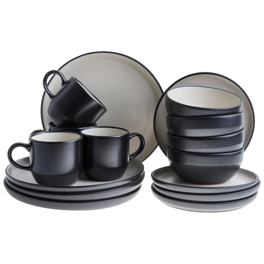 Servizio da tavola 16 pezzi in gres beige e blu elegante per cucina e sala da pranzo con finitura smaltata colorata per 4 persone