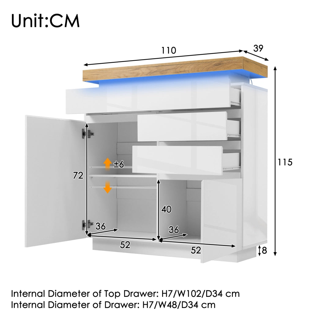 Sideboard lucido bianco con LED; 115 x 110 x 39 cm; in truciolare e MDF