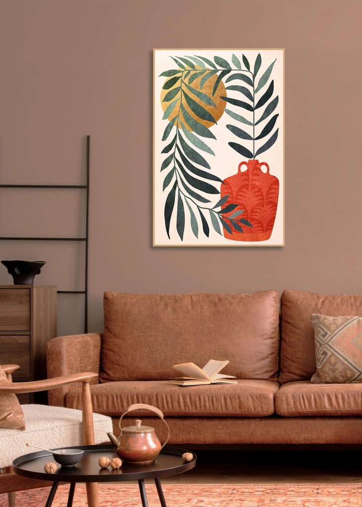 Quadro Hispanohogar in poliestere foglie e brocca verde terracotta e dorato 91x61cm