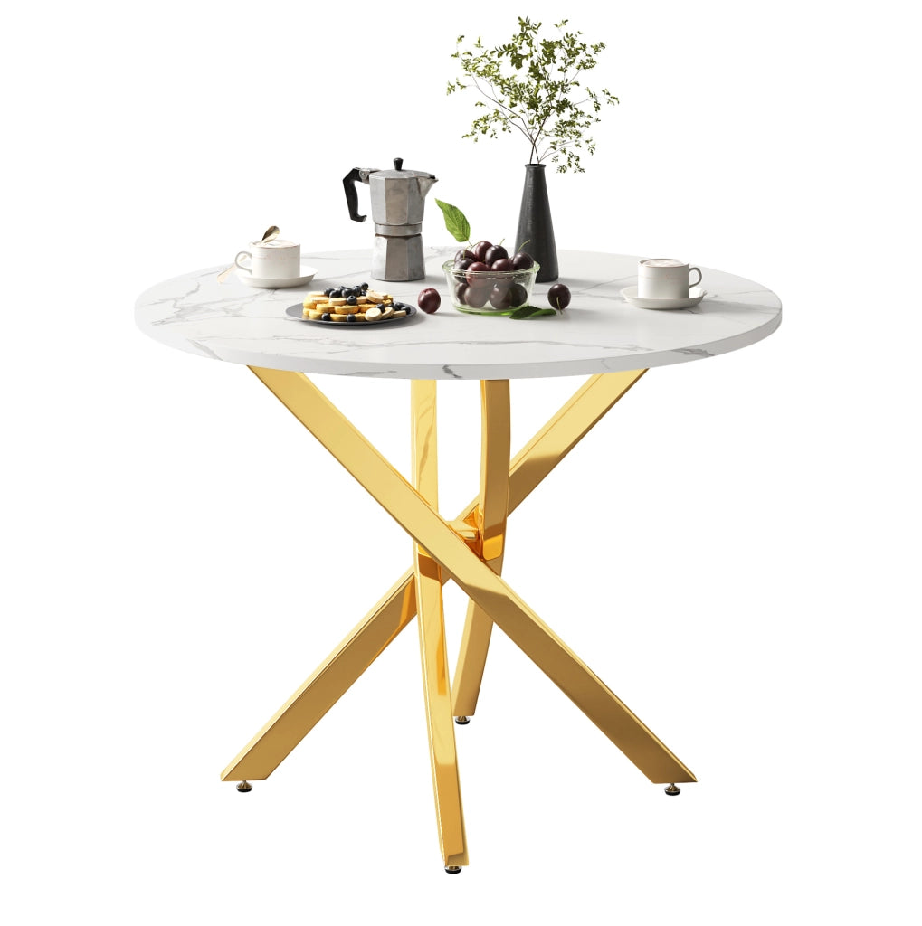 Tavolo rotondo 80 cm con piano effetto marmo e gambe cromate oro in MDF bianco