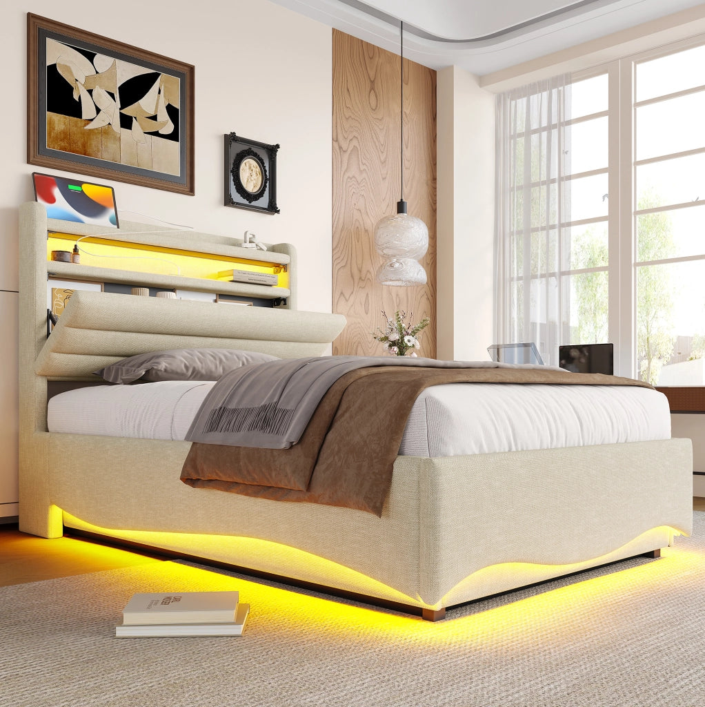 Letto imbottito 90x200 cm con LED, contenitore idraulico e porte USB/Type-C