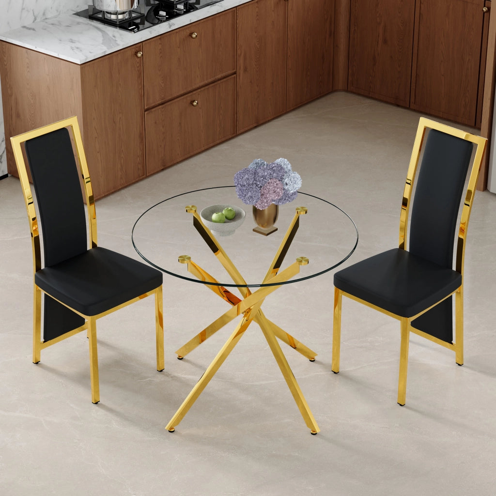 Set tavolo da pranzo e sedie con 1 tavolo rotondo e 2 sedie in vetro temperato; PU e metallo nero e oro
