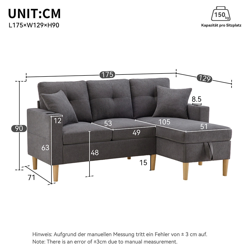 Divano L - Xylo - 3 posti con chaise longue porta-bicchieri