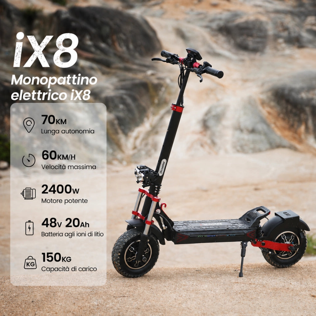 Monopattino elettrico iX8 doppio motore batteria 48V 20Ah autonomia 65-70 km pneumatici 12 pollici fuoristrada doppia sospensione freni idraulici nero