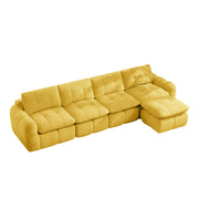 Divano modulare angolare 4 posti con pouf e seduta profonda in chenille giallo 334×160×68 cm