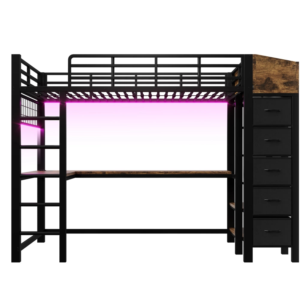 Letto a soppalco in metallo 90x200 cm con scrivania gaming, sistema di contenimento e luci LED