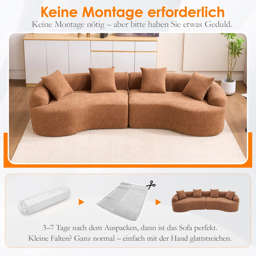 Divano ad angolo modulare 4 posti in chenille con design curvo e comfort elevato per soggiorno, color caramello