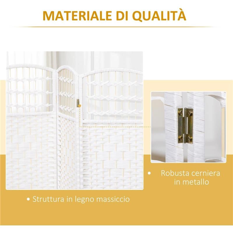 PARAVENTO A 4 ANTE PIEGHEVOLE PER INTERNI, AUTOPORTANTE E INTRECCIATO 160X170 CM BIANCO