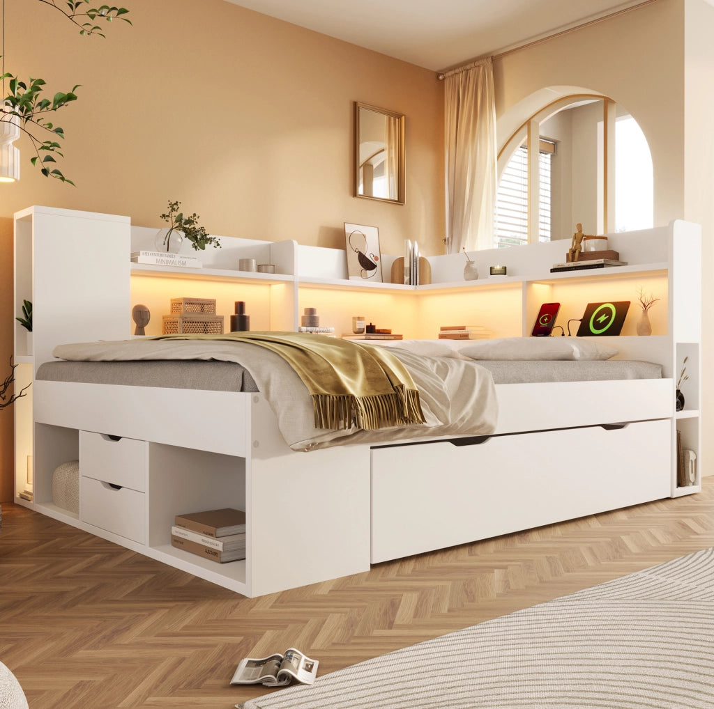 Letto da giorno ULEVR 140x200 cm con LED, USB e Type-C, cassetti e ripiani, bianco
