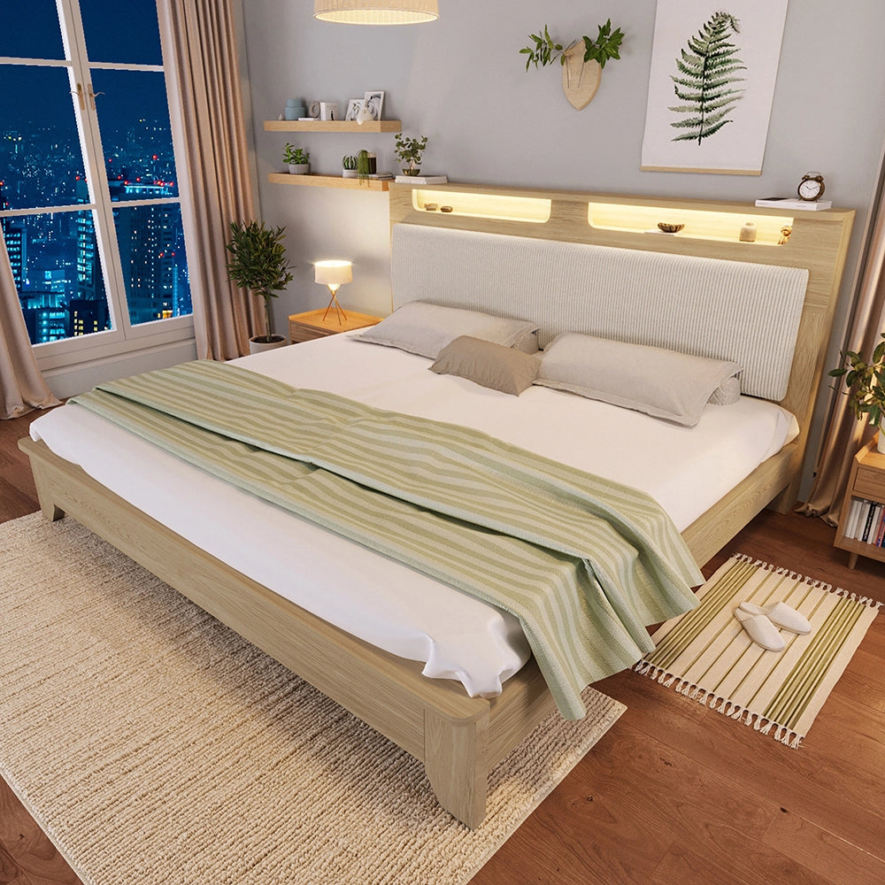 Letto matrimoniale-Xylo-160x200 cm-LED, testiera velluto, quercia chiaro, con materasso