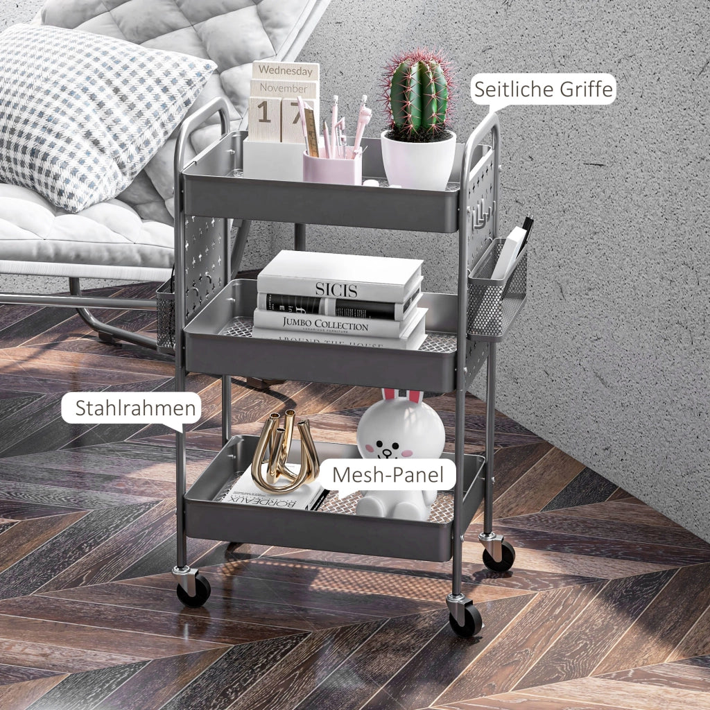 Carrello Multiuso con 3 Ripiani e 4 Ruote ¨C zephmum ¨C Grigio 53.5x30.5x75 cm