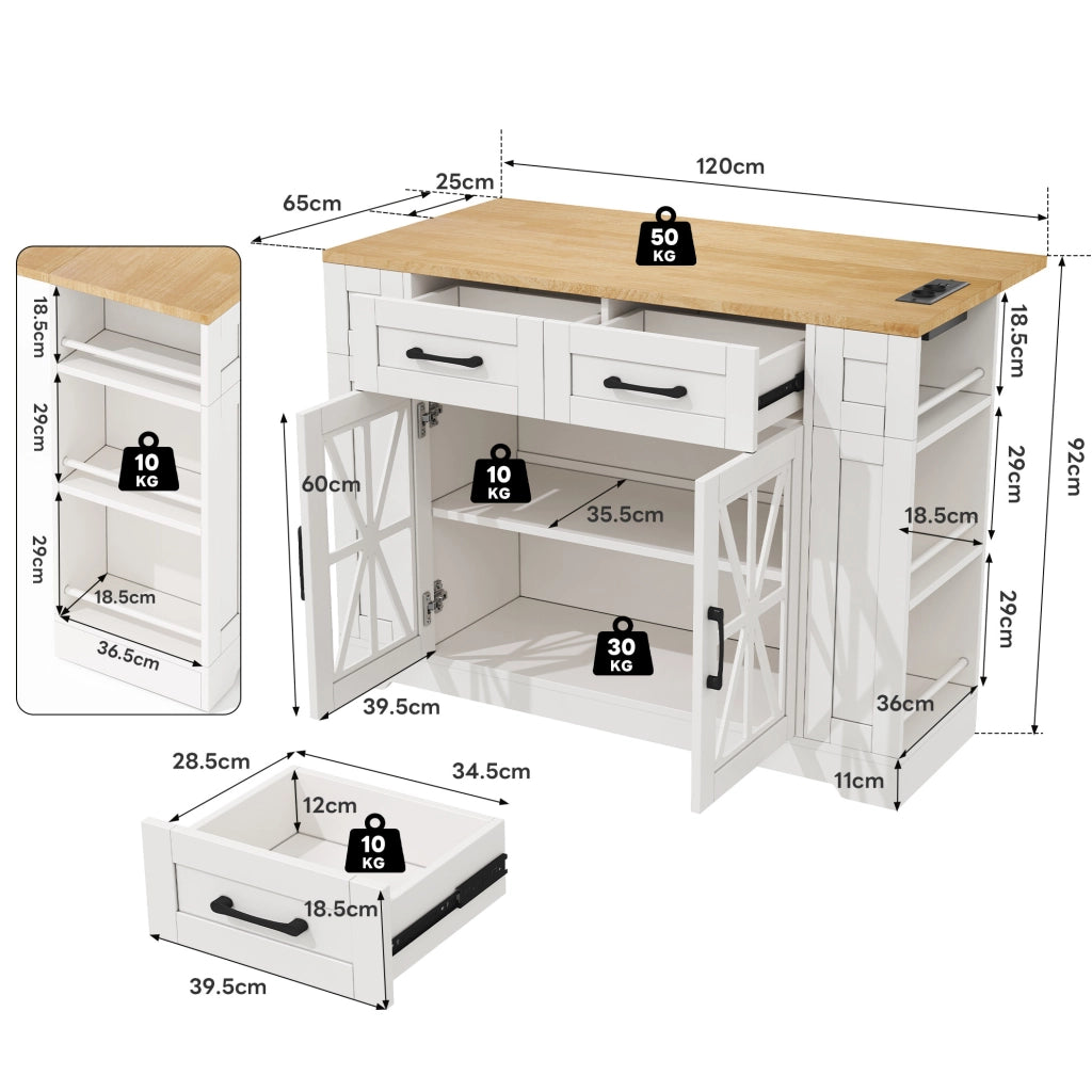 Isola da cucina mobile 120 cm con piano ribaltabile; prese AC e USB; bianco e naturale