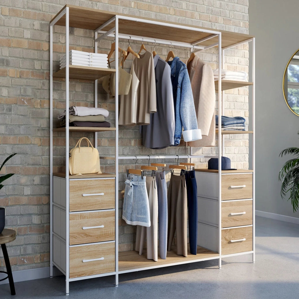 IDMarket - Armadio doppio UTAH + colonna doppia L. 140 cm con 6 ripiani e 6 cestini in legno e tessuto bianco