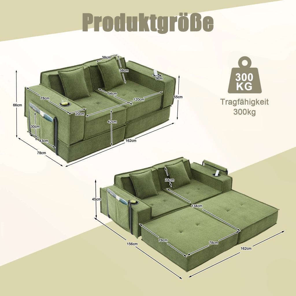 Pouf modulare con cuscini e tasche laterali per lettura e relax in ciniglia verde per salotto 162 × 78 × 66 cm