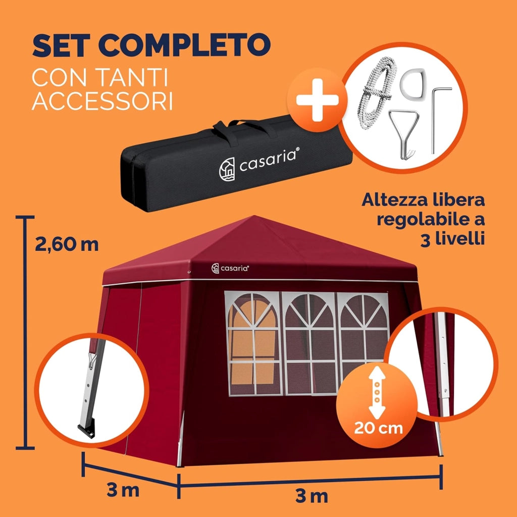 ® Gazebo pop-up, 3 x 3 m, con 4X parti laterali, scelta di colori, protezione UV 50+, con custodia, impermeabile, pieghevole, padiglione pieghevole, tenda per festival, capri rosso