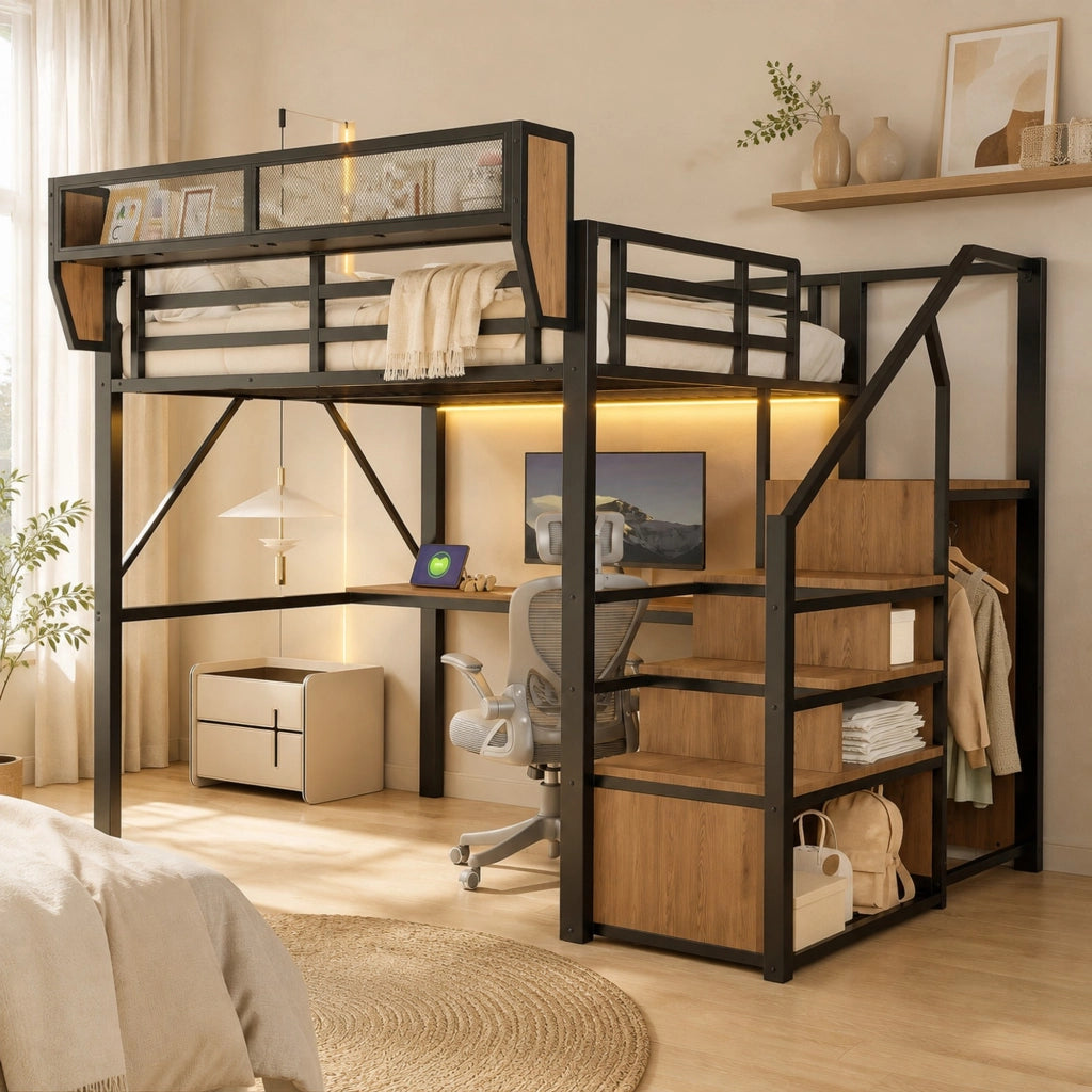 Letto a soppalco 140x200 cm con scrivania, LED e scaffale