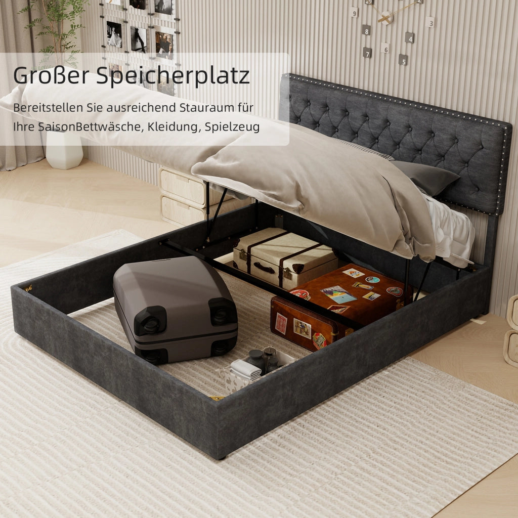 Letto Matrimoniale 160x200 cm - Testiera Imbottita; Spazio sotto il Letto - Grigio