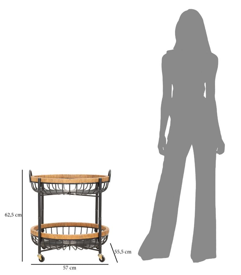 Carrello 2 Ripiani 57x55,5x62,5 cm con Ruote in Metallo e Rattan