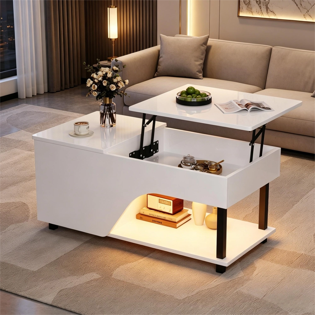 TAVOLO DA SALOTTO H 46-60 cm 50x100 cm Bianco con LED e contenitore