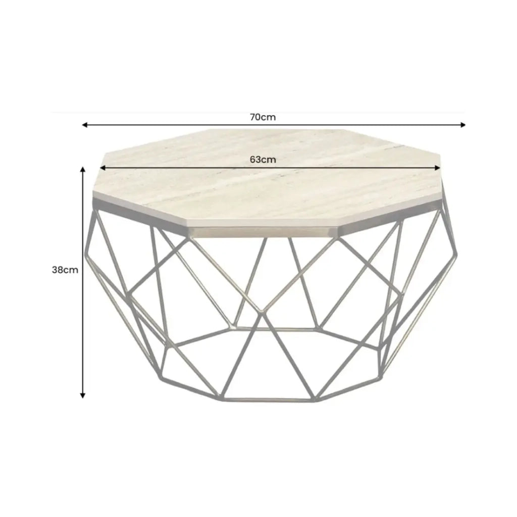 Tavolino basso NEXORA 70 cm in travertino beige e metallo nero design geometrico