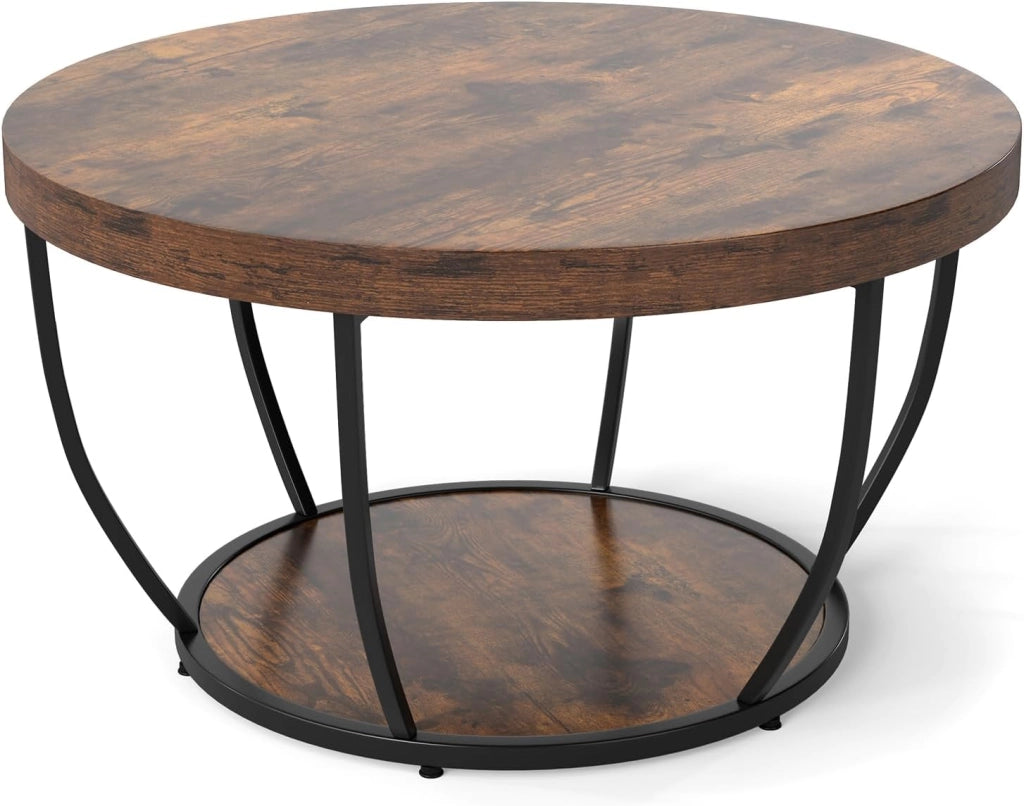 Tavolino rotondo a 2 livelli, 80 x 80 x 45 cm, tavolo da soggiorno con superficie in finto legno e struttura in metallo, elegante tavolino per camera da letto, ufficio (marrone)