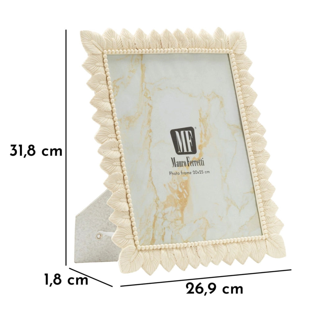 Cornice portafoto Light Leaf in resina crema con foglie 20x25