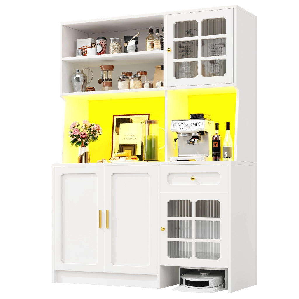 Credenza da cucina con ante in vetro; cassetti e LED - per cucina - in MDF - bianco - 130×45×180 cm