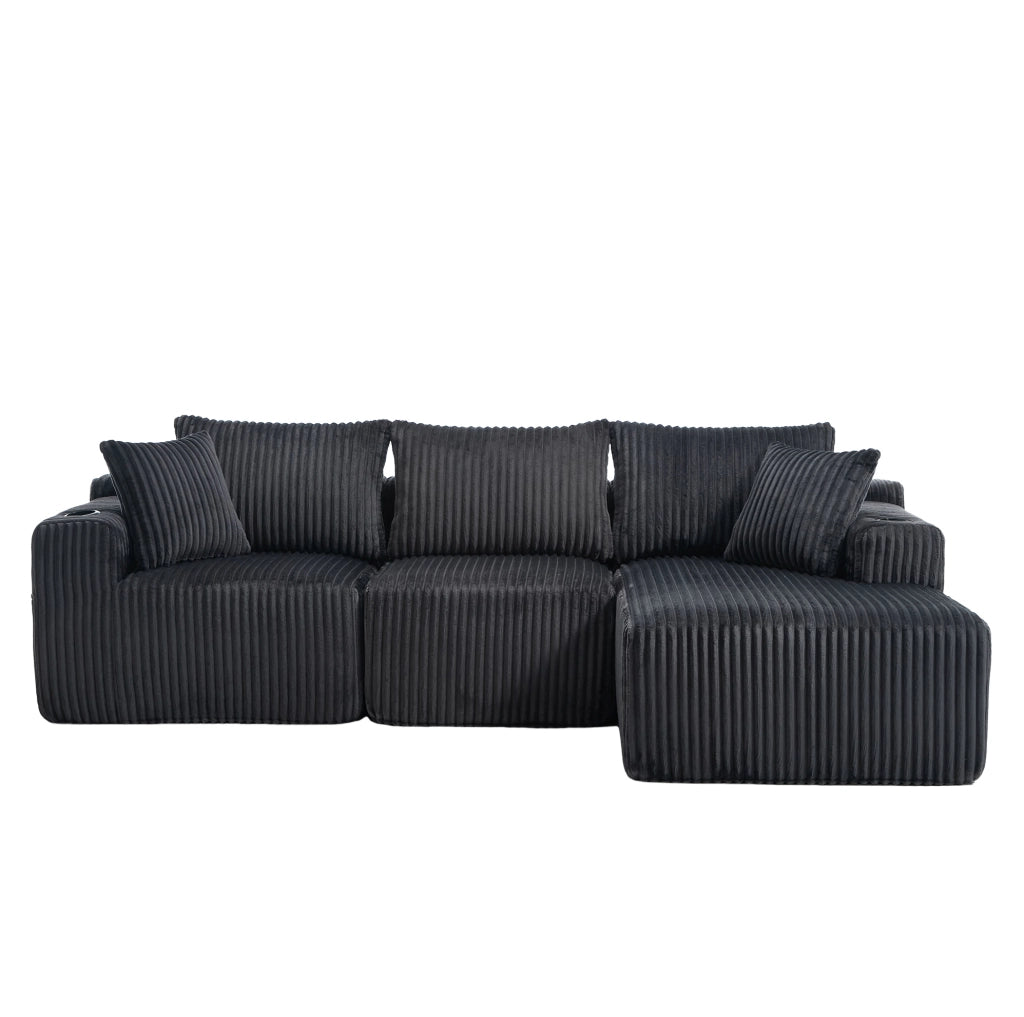 Divano modulare 257x160x62 cm con chaise longue; tasche laterali; portabicchieri e 5 cuscini; in corduroy grigio