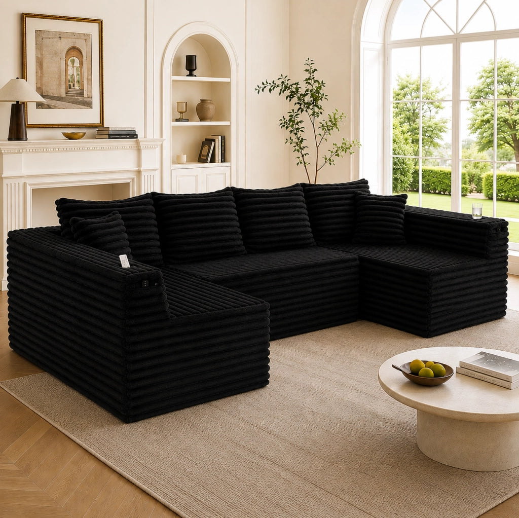 Divano modulare a U in velluto a coste nero con portabevande e tasca laterale; 320×155×88 cm