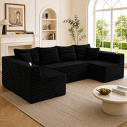 Divano modulare a U in velluto a coste nero con portabevande e tasca laterale; 320×155×88 cm