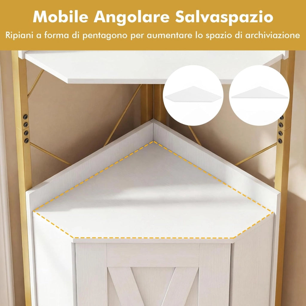 Libreria a 5 Ripiani, Mensola ad Angolo con Spazio di Archiviazione, Armadio ad Angolo con Paraspigoli Anticaduta, Autoportante, con 2 Kit Antiribaltamento, 38 x 38 x 180 cm (Bianco)