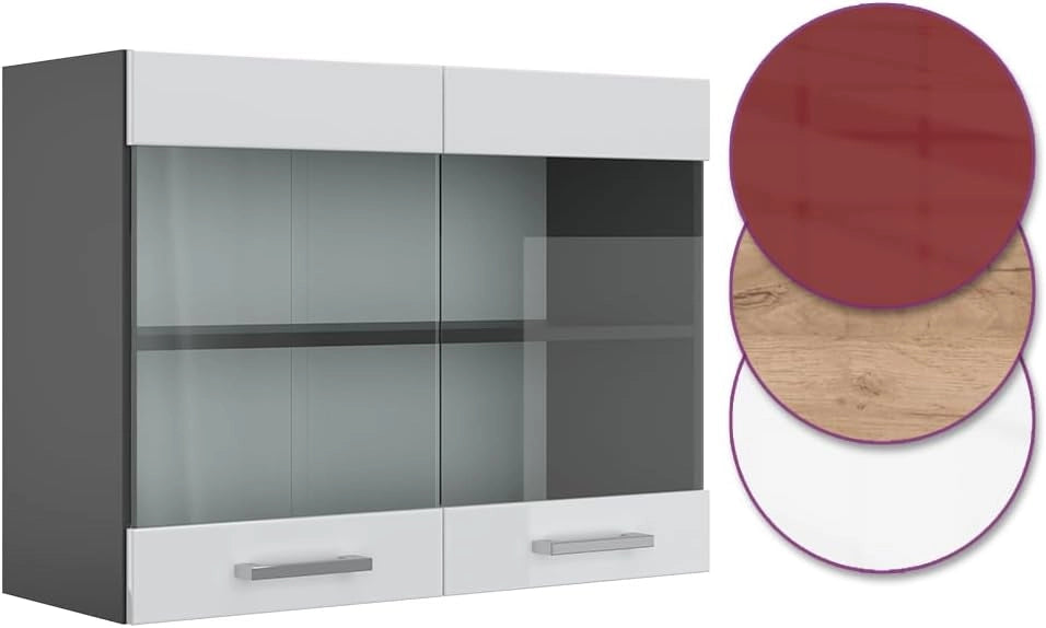 Mobile da cucina in vetro R-Line, Bianco lucido, 80 cm, per la libera combinazione all'interno di sistemi cucina modulari