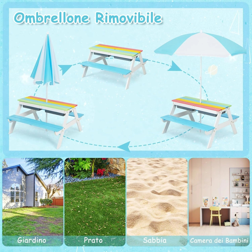 Set Tavolo e Sedie per Bambini da Giardino 3 in 1, con Ombrellone Rimovibile e Regolabile, Piano Rimovibile, Tavolo con Panche in Legno per Bambini da Interno Esterno (Blu e Bianco)